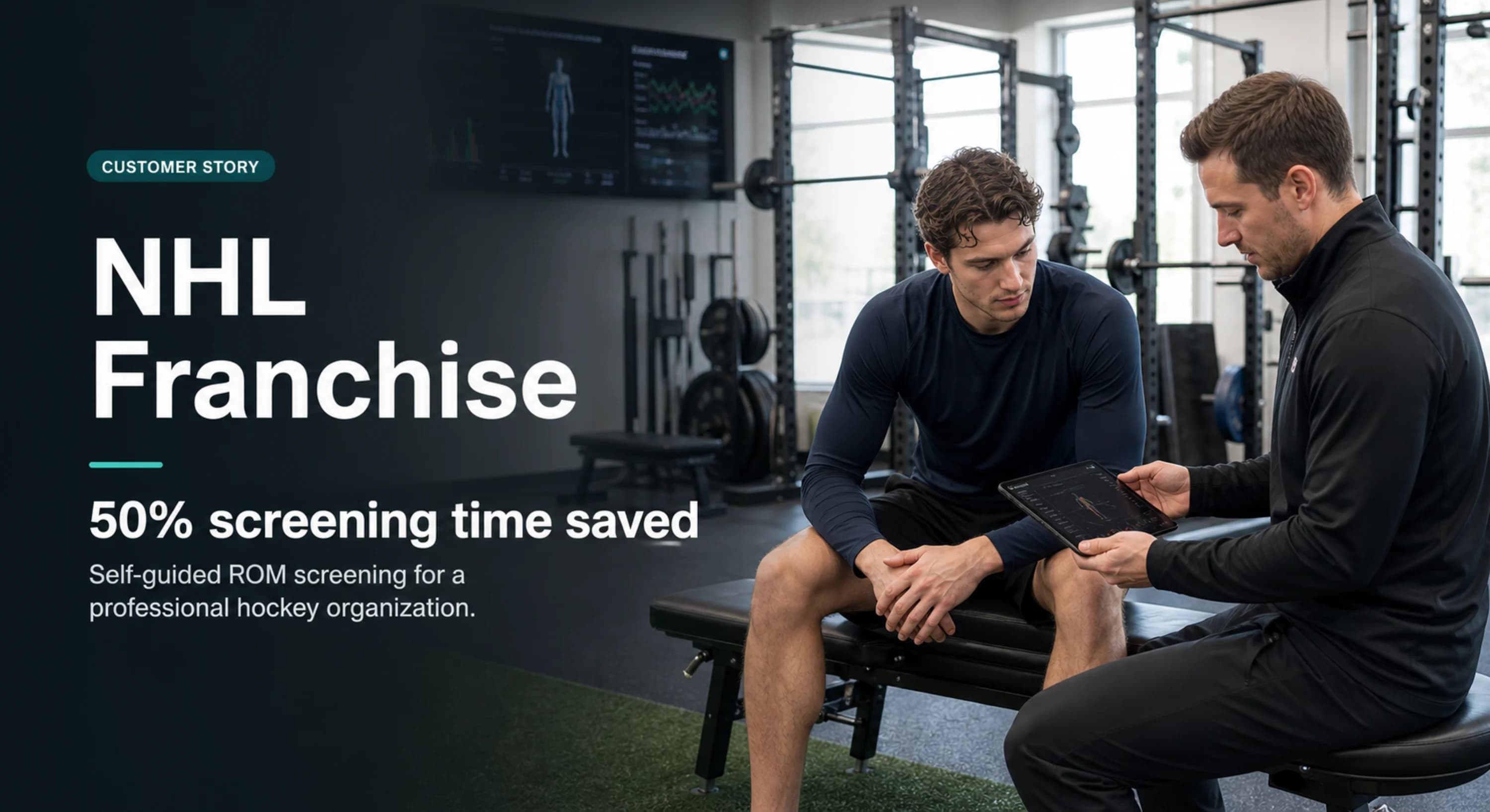 Male hockey athlete and performance coach reviewing movement screening results in a training facility